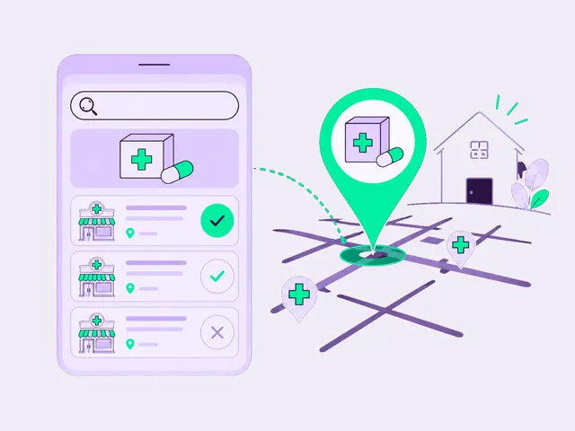 Búsqueda de un medicamento en el smartphone y farmacia más cercana encontrada en el mapa